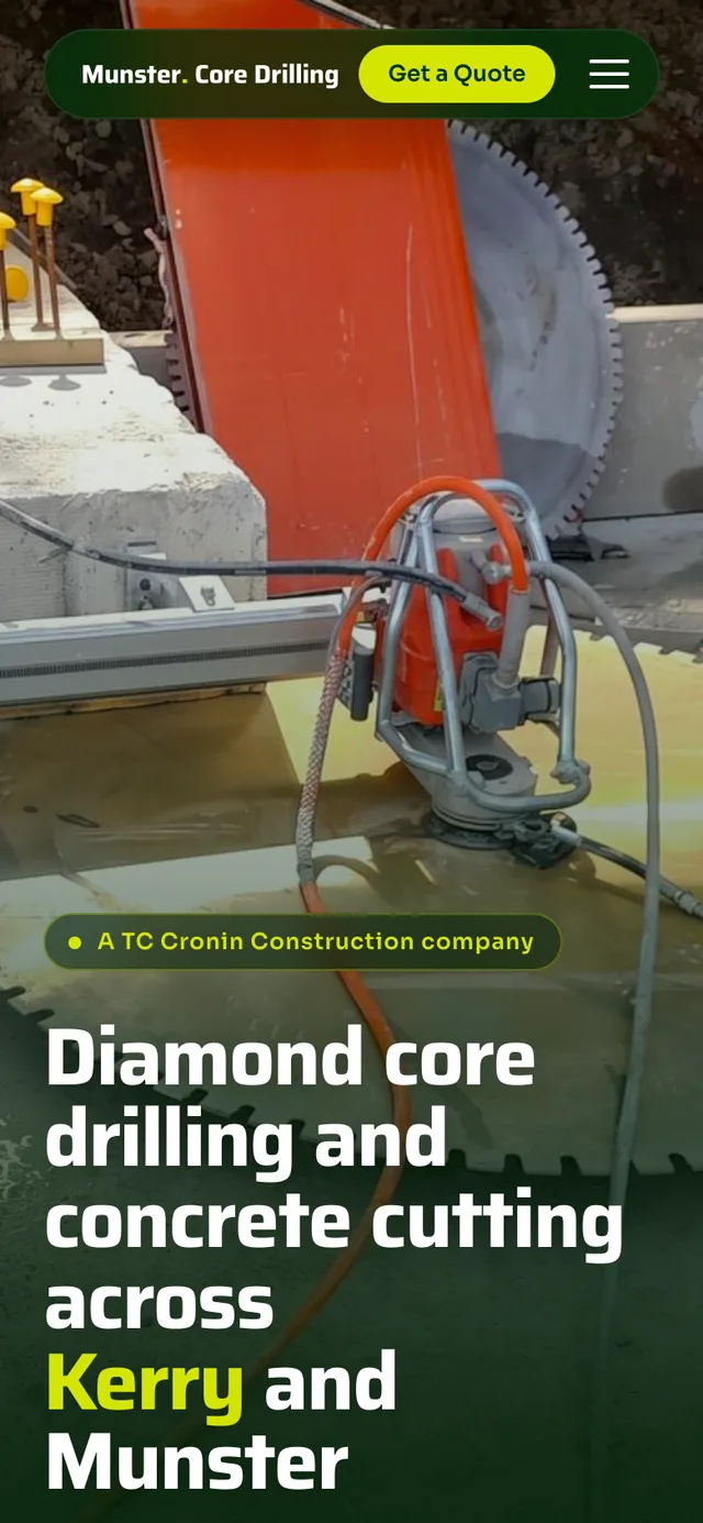 Munster Core Drilling homepage on a phone