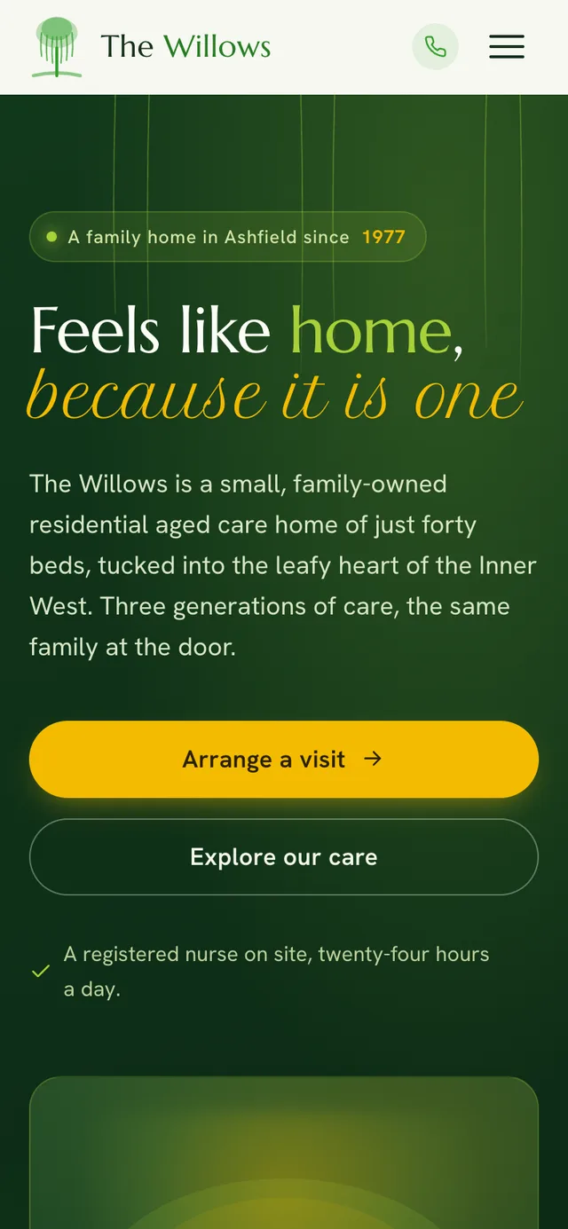 The Willows homepage on a phone