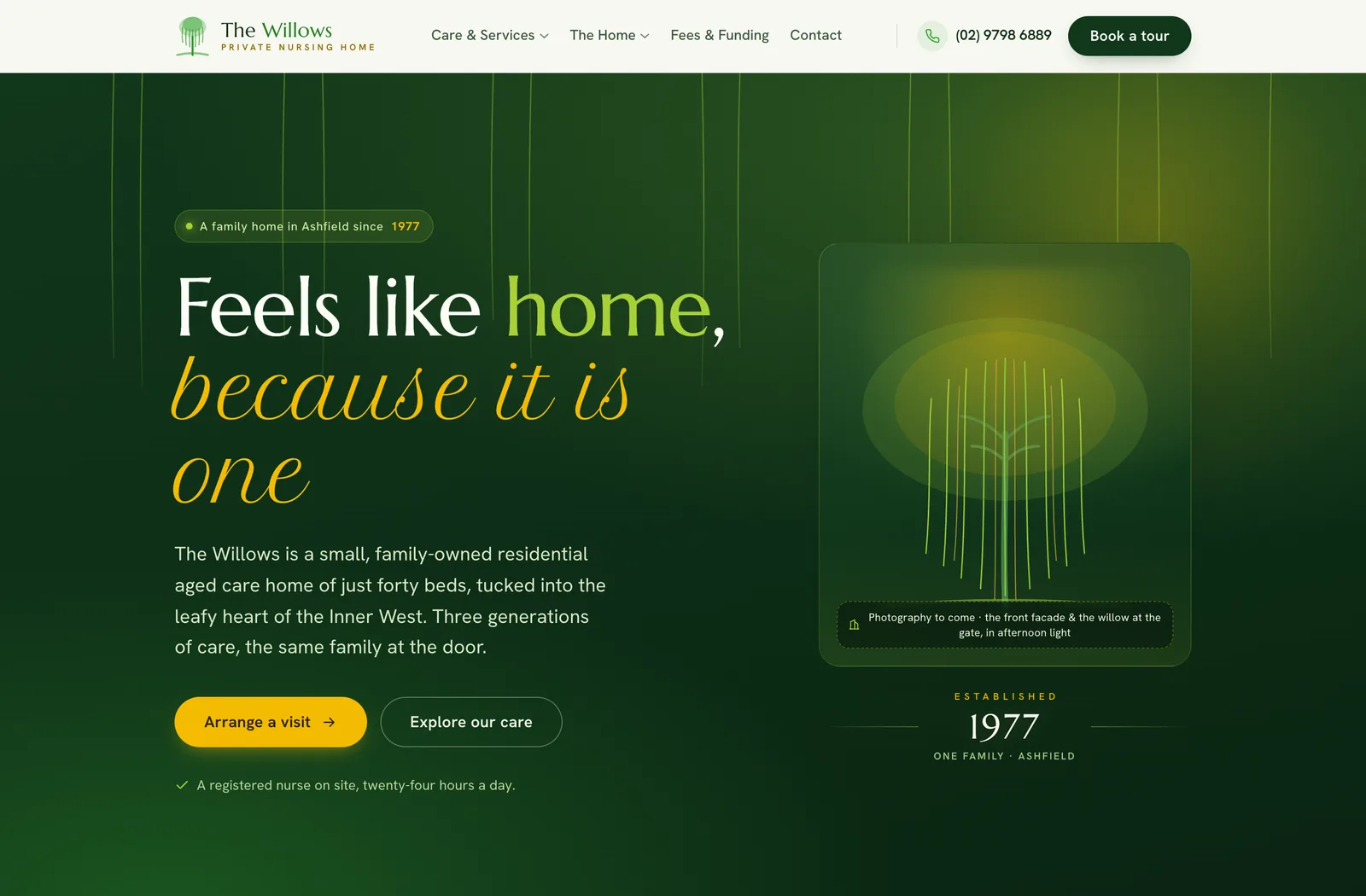 The Willows homepage at desktop width