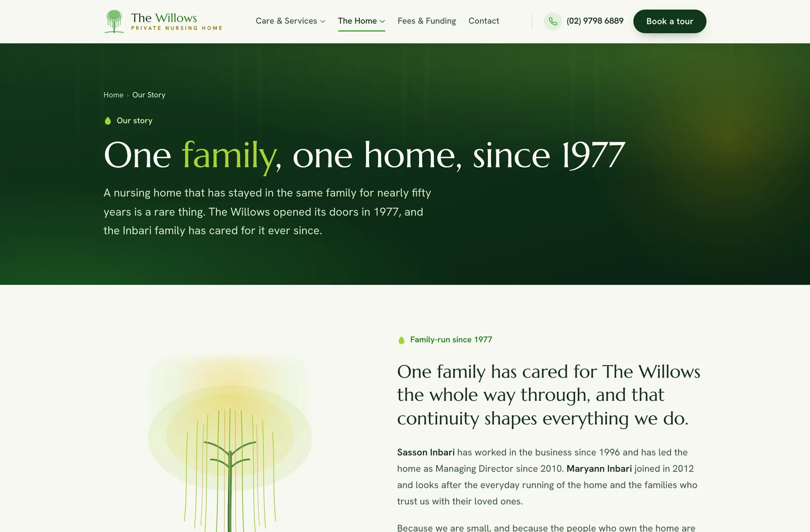 The Willows story page, showing the home's history since 1977